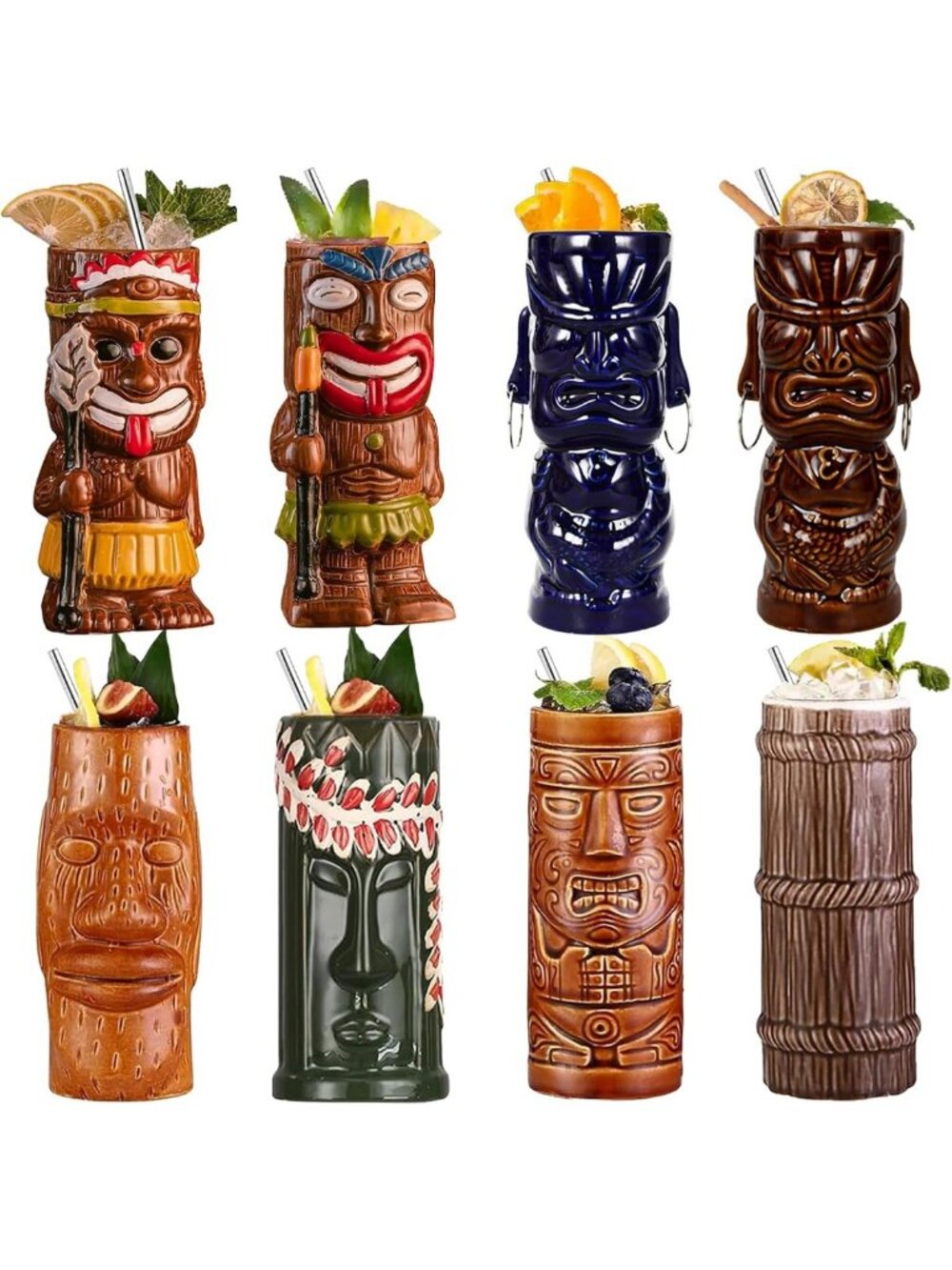 Set of 8 Cute Ceramic Tiki Mugs - Hawaiian Style Cocktail Glasses for Parties